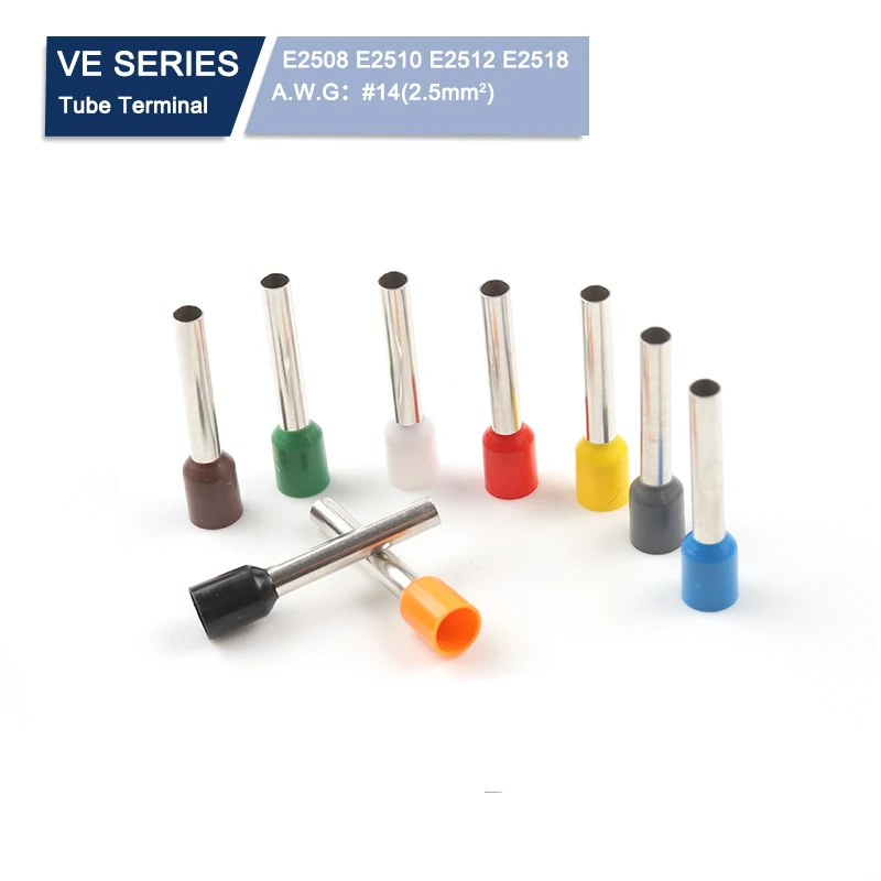

100pcs VE TUBE insulating Crimping terminals E2508 E2510 E2512 E2518 AWG14 Cable Wire Connector Ferrules Cord End Crimp Terminal