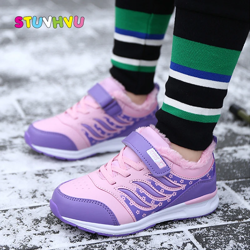 Winter New Girls Sneakers Plus Velvet Thickening Warm Children Sports Shoes Slip Leather Kids Sneakers School Running Shoes