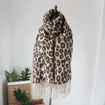 

Women Woven Leopard Scarves with Tassels Ladies Girls Warm Capes Soft Rectangle Shawls Jacquard Wraps Female Long Winter Scarf