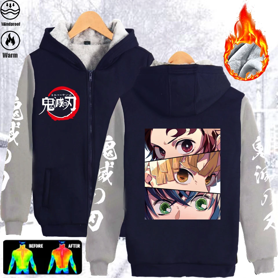 softshell jacket Warm Winter Anime Demon Slayer Jacket Plus Tanjirou Nezuko Agatsuma Zenitsu Coat Velvet Zipper Thick Hoodie Fleece Men's Jackets insulated jacket