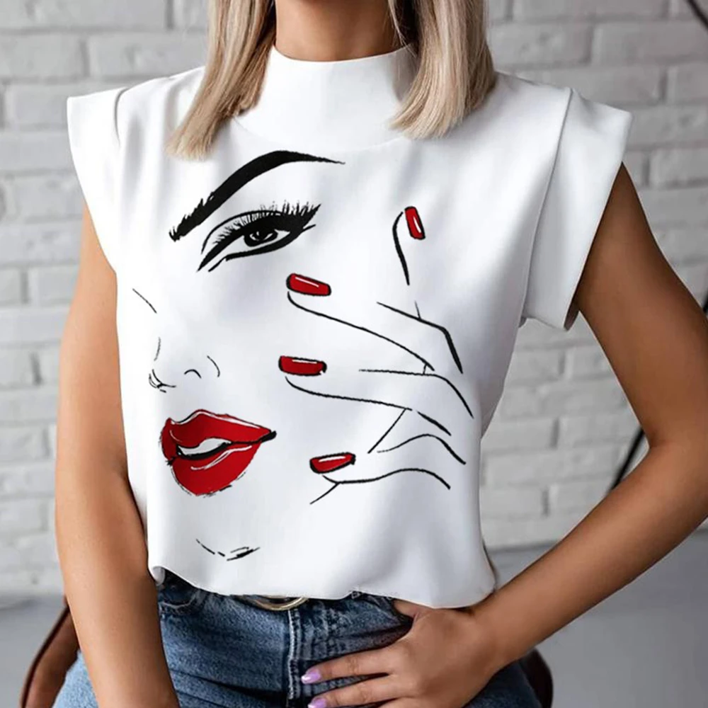 Blusa con estampado de cadena de mujer CYSINCOS camisas de jerseys con cuello de pie Casual de verano Blusa de manga corta de ojo lindo de moda para mujer|Blusas camisas| -