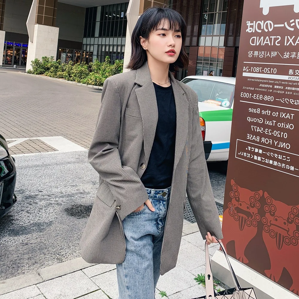 

Photo Shoot CHIC Suit 2019 Autumn New Style Korean-style WOMEN'S Wear Retro Young-Style Single-Breasted Plaid Suit Jacket