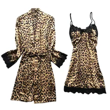 Женское Эротическое Сексуальное белье-Пижама сексуальное атласное кружевное леопардовое коричневое Белье для сна Ночное белье комплект нижнего белья# ZB