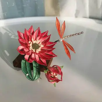 

LALAVARA red lotus flower kanzashi Chinese traditional hair Accessories women updo hair pins