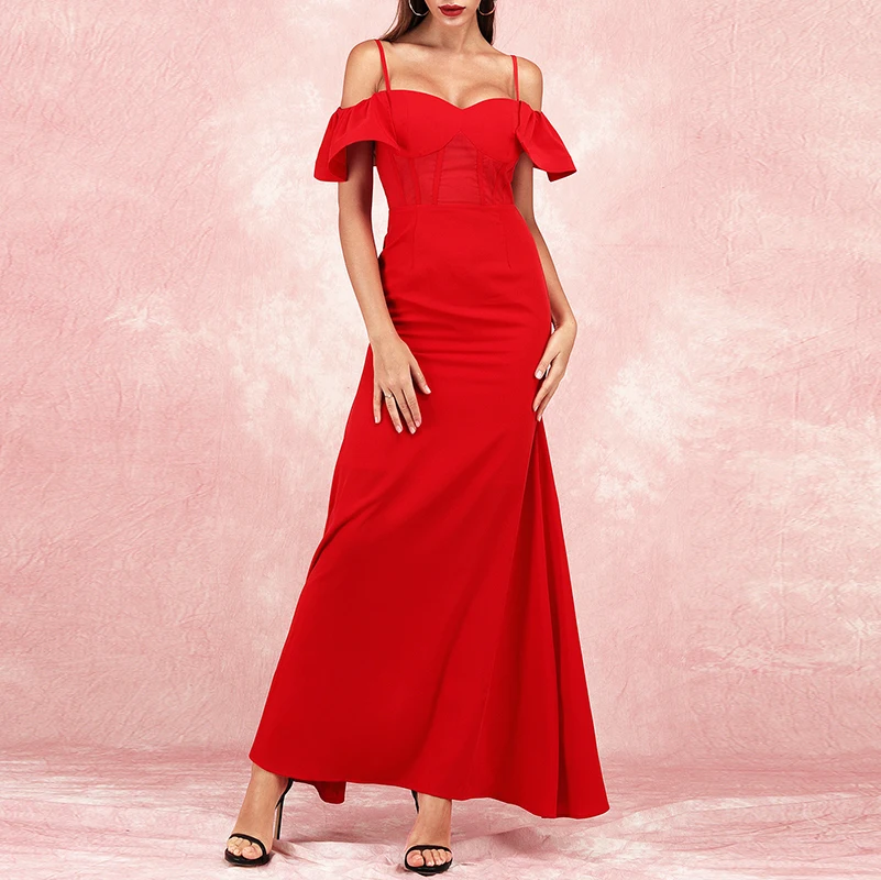 Max Spri, новинка, Vestidos, сексуальные, на бретелях, с оборками, с открытыми плечами, на молнии сзади, женские, вечерние, длина до пола, элегантное платье русалки, красное