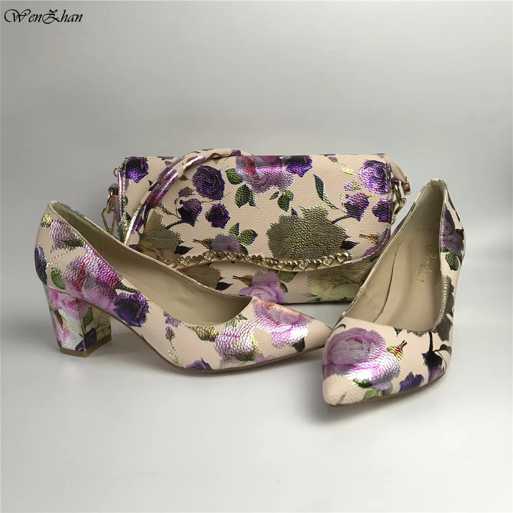 

Charming Purple Flower HandBag Sac With Matching WENZHAN slip on shoes high heel pumps 36-43 For Any Event Party A99-5