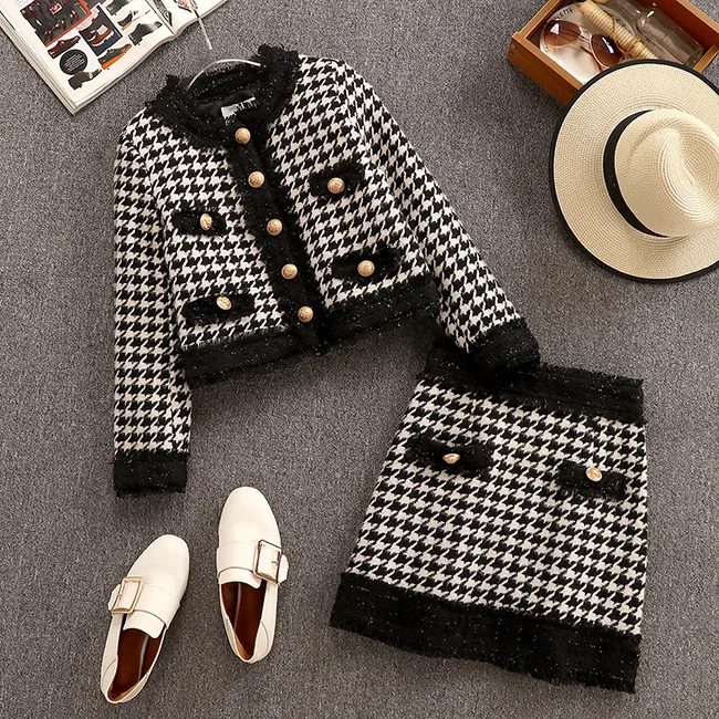 6 Style Office Ladies 2 Piece Set Outfit Short Jacket and A Line Skirt Womens casual fashion Tweed Skirts Suits