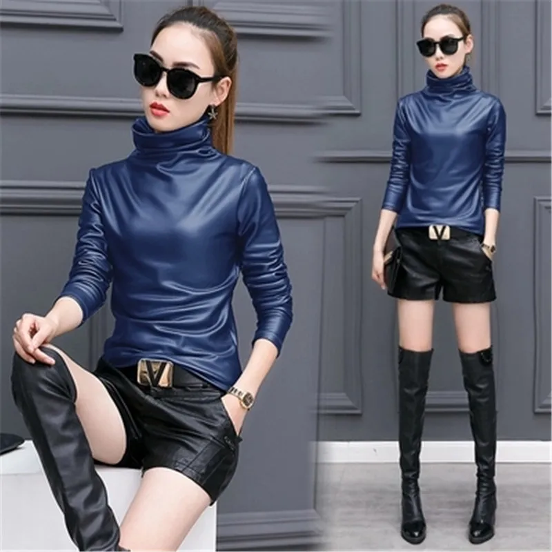 shirts & tops Plus size 4XL women Blouse Tops elegent Turtleneck long sleeve shirt female tops 2021  Autumn Winter pu Leather blusas femininas plus size blouses