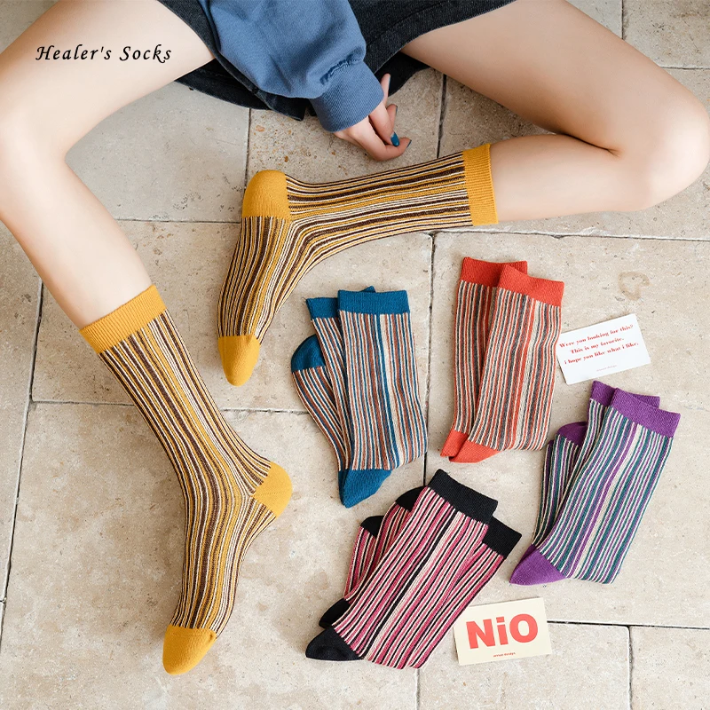 

New British Style Women Socks Cotton Gradient Color Striped Harajuku Fashion Funny Kawaii Ladies Happy Classic Girls Sockings