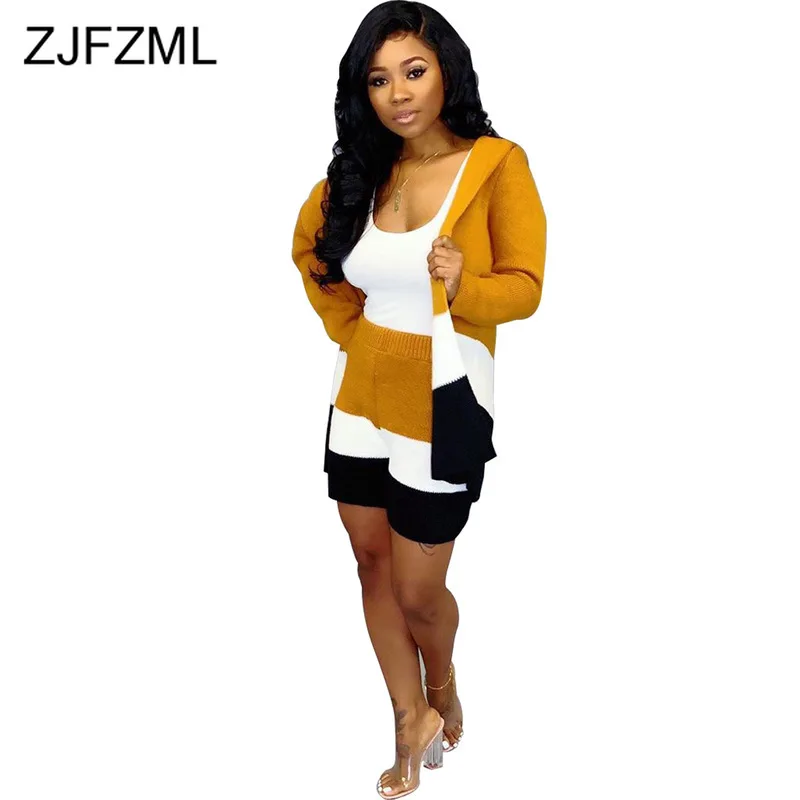 

Striped Color Block Spliced 2 Piece Set Women Clothes Long Sleeve Hooded Sweater Top And Bodycon Short Suit Autumn Winter Outfit