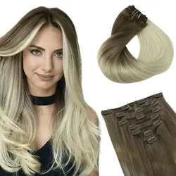 POPUKAR Human Hair Extensions Ash Brown to Platinum Blonde Classic Clip On 7 Pieces 105 Gram 14-22 Inch Wholesale Vendor