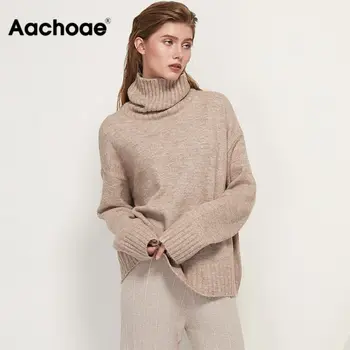 Image of Aachoae Autumn Winter Women Knitted Turtleneck Cashmere Sweater  Casual Basic Pullover Jumper Batwing Long Sleeve Loose Tops
