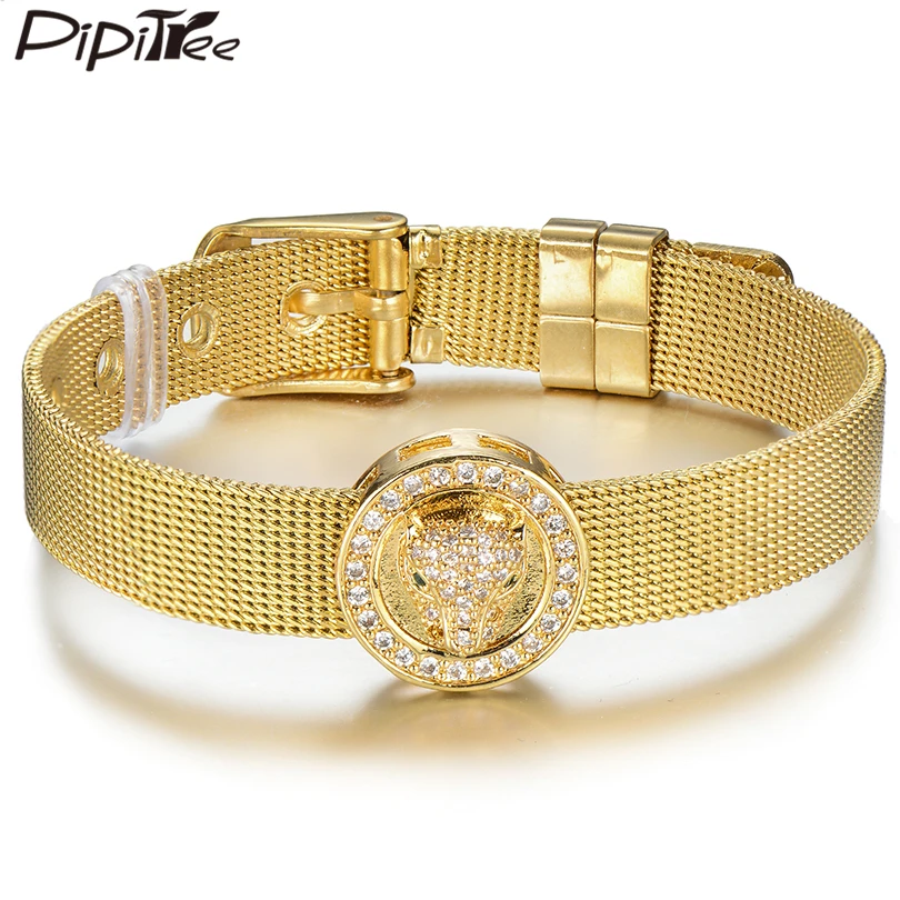 Pipitree Trendy Round Charm Cubic Zirconia Leopard Head Bracelet for Men Women 10MM Mesh Band Stainless Steel Bracelets Jewelry | Украшения