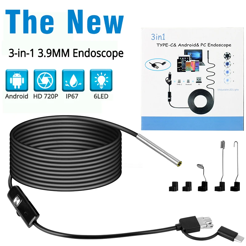 3 In 1 3.9mm Usb Industrial Endoscope Hd 720p 6 Leds Camera Android