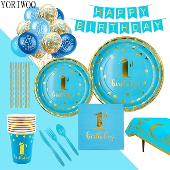 

YORIWOO Baby Shower Disposable Party Tableware 1st Birthday Party Decoration Kids Happy Birthday Balloon One Year Old Babyshower