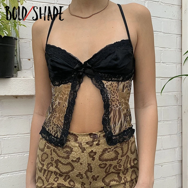 

Bold Shade Leopard Vintage Indie Aesthetic Camisole Lace Trim Strap Sexy Tops Women Party Fashion Hot Midnight Sleeveless Camis