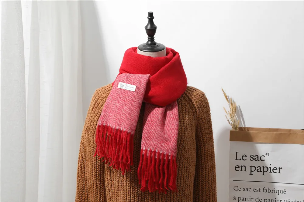 Модный зимний шарф женский Теплый двухцветный кашемировый шарф Большой и толстый длинный женский с кисточками шарф