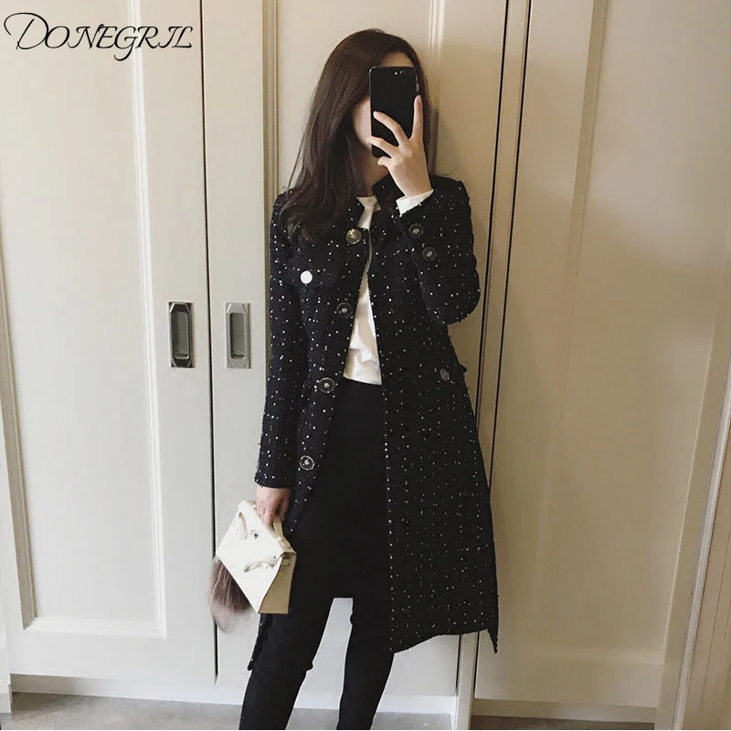 

Runway Long Plaid Tweed Jacket Women 2019 Autumn Winter Stand Collar Korean Ladies Thick Tweed Coat Female Slim Outerwear