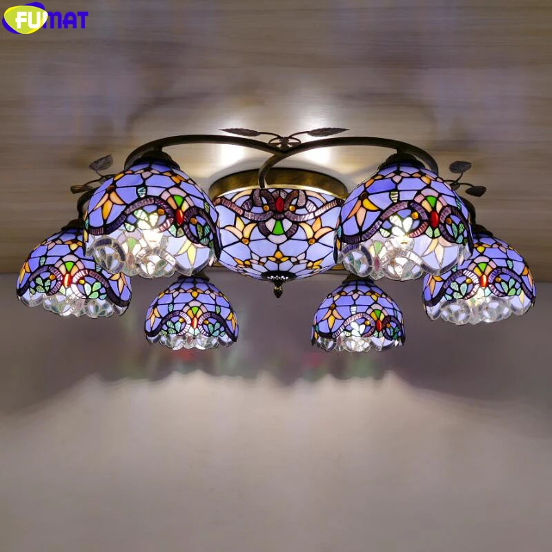 FUMAT Tiffany Style Ceiling Lamp Multi Dragonfly Stained Glass Chandelier  Light Nordic Classical Hanging Fixture Rustic Lighting