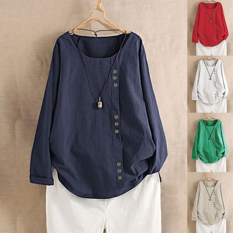 2020 new cotton and linen long-sleeved shirt national style solid color round neck loose comfortable mid-length T-shirt | Женская одежда