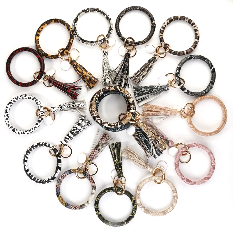 

Amorcome Multiful Snakeskin & Leopard Circle Wristlet Keychain Animal Print Leather Bangles for Women Charm Key chain Jewelry