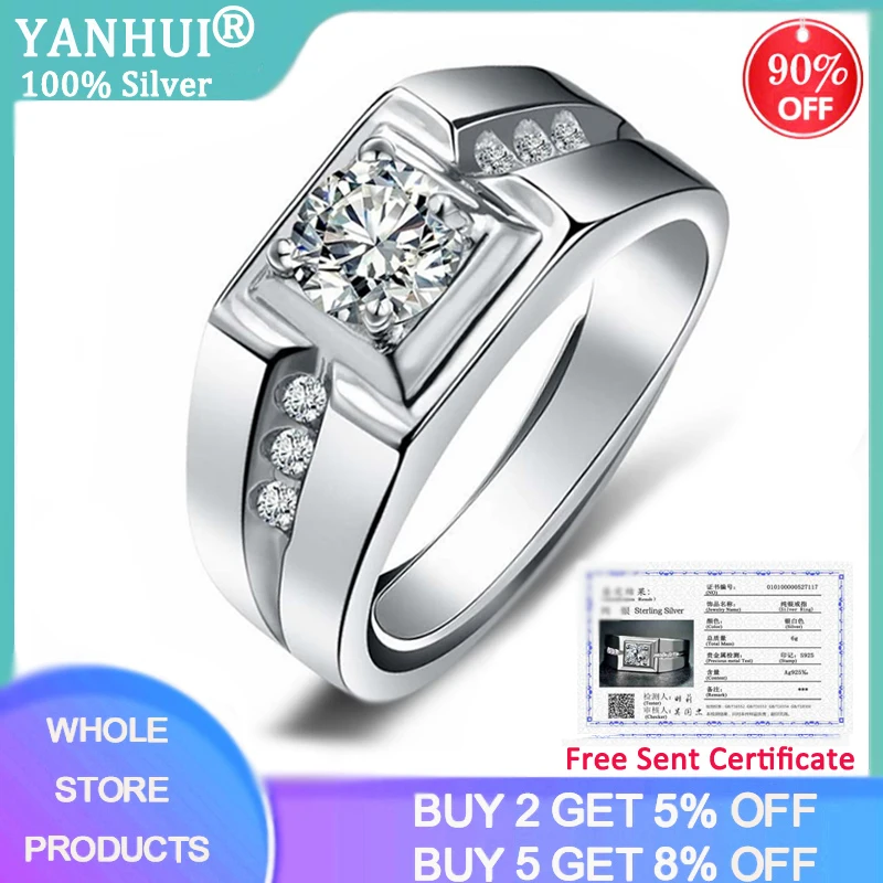 

With Certificate Fine Male Ring 925 Sterling silver Cubic Zirconia Enagement Wedding Band Rings for Men Finger Ring Jewelry Gift