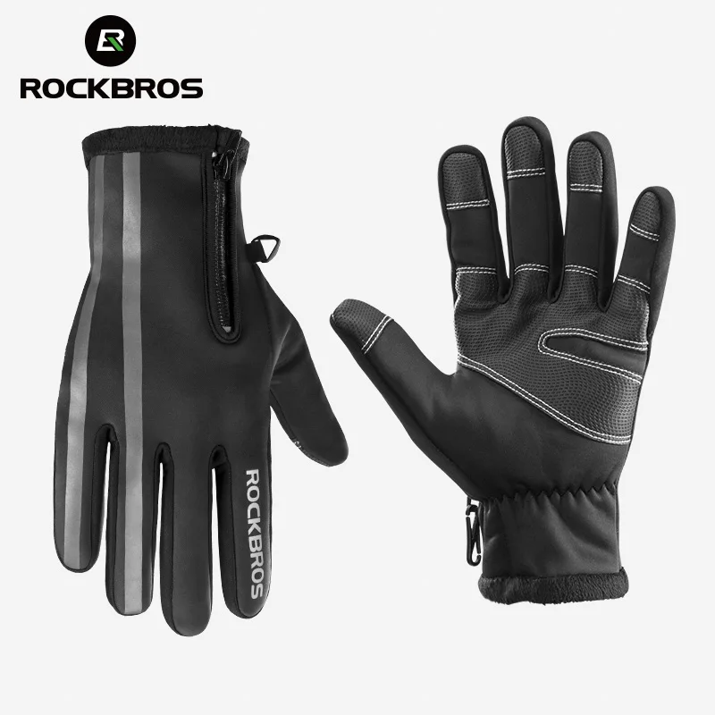 Black Cycling Gloves ROCKBROS Зимние перчатки для велоспорта с сенсорным экраном теплые непромокаемые полный палец Mtb дорожные велосипедные перчатки ветрозащитные термоперчатки для велосипеда - Цвет: Black Cycling Gloves