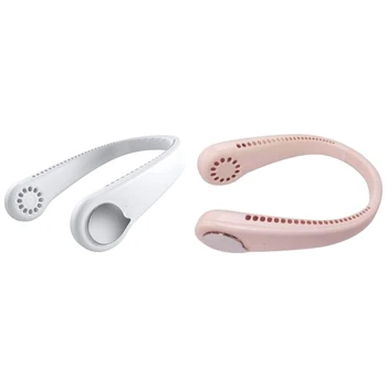 

2 Pcs Leafless USB Rechargeable 1800MAh Battery, Hanging Neck Small Fan Electric Fan, White & Pink
