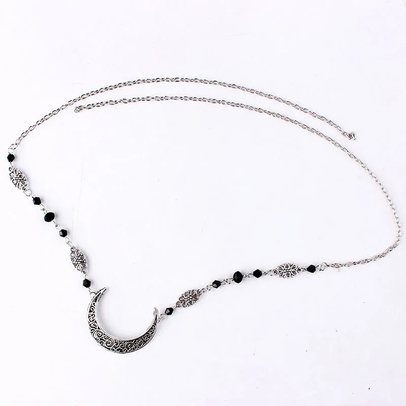 Bohemian Crystal Head Chain Moon Head Chain Retro Gold Crescent Moon Forehead Chain Crystal Headband Prom Hair Jewelry for Women - Окраска металла: Silver black glass-S
