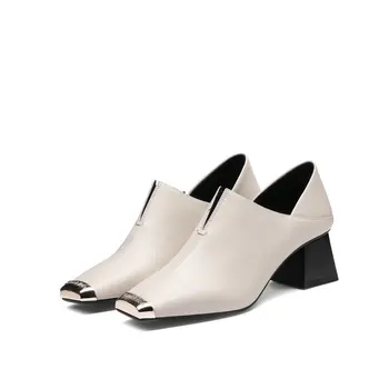 

Genuine Leather Women Pumps High Heeled Office Shoes Woman Spring Summer party Shoes metal toe Ladies pumps