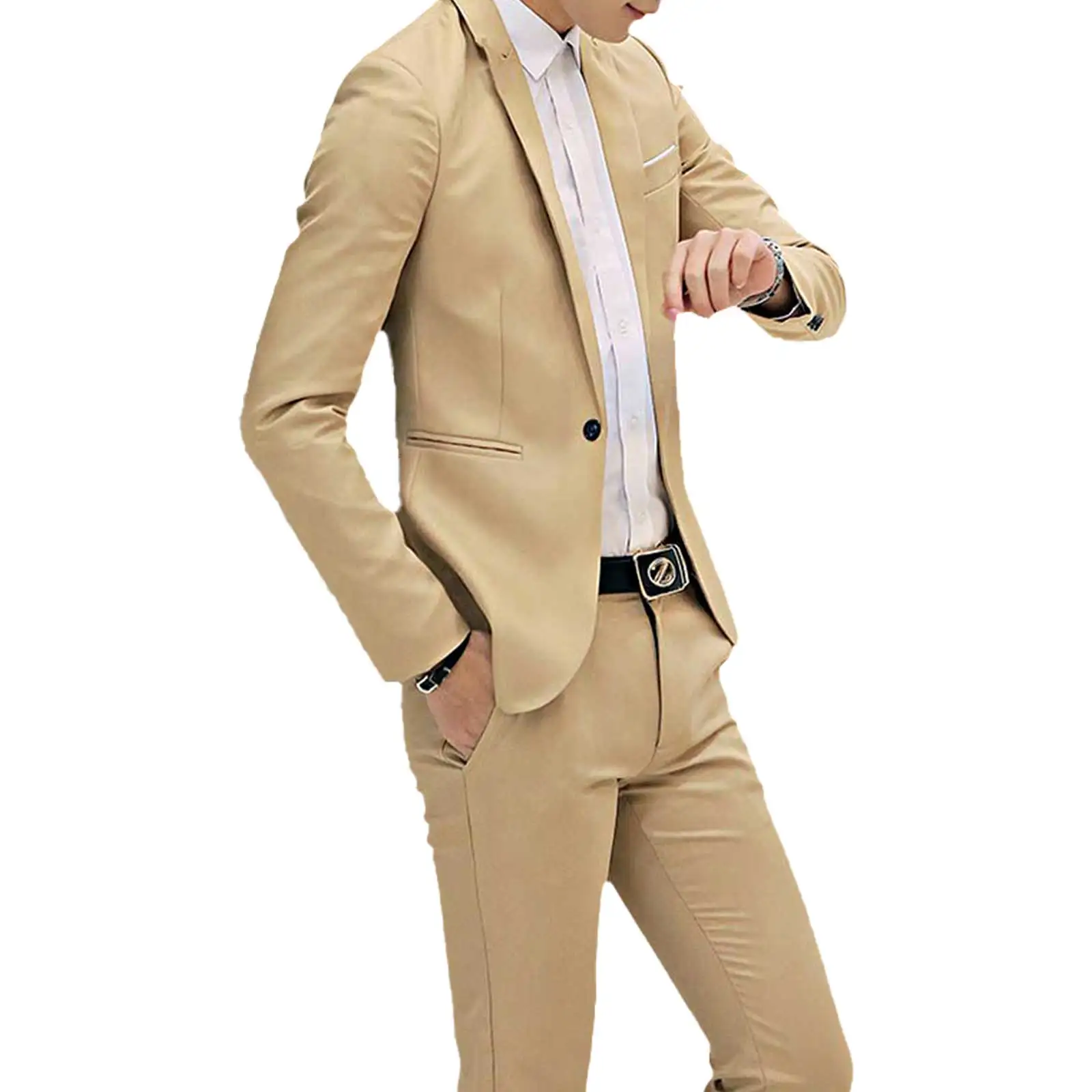 2Pcs Men Gentleman Suit One-Button Notch Flap Pockets Lapel Long Sleeve Jacket Blazer Long Pants Set for Office Meetings