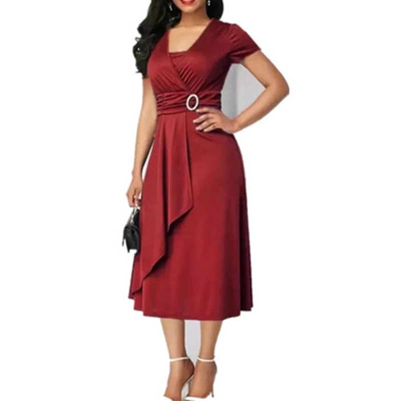 Women Red dress Элегантное женское платье с высокой талией, простое асимметричное платье миди, модное летнее однотонное повседневное вечернее платье с коротким рукавом и v-образным вырезом - Цвет: Women Red dress