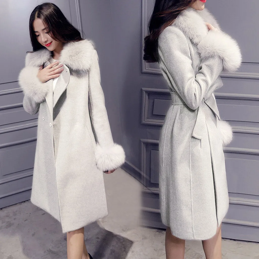Женское шерстяное пальто размера плюс, модное зимнее однотонное пальто с отворотом, длинным меховым рукавом, поясом, воротником из искусственного меха, Кашемировое шерстяное зимнее пальто