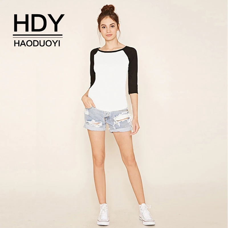 

HDY Haoduoyi 2019 Summer Causal O-neck Tops Simple New Fashion Womens Female Patchwork Ladies Elegant Long Sleeve Shirt