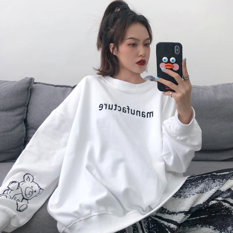 Sudadera blanca para mujer, jersey de moda coreana, sudaderas informales de manga larga, ropa de calle holgada, gran tamaño, otoño 2021| Sudaderas con capucha y sudaderas| - AliExpress