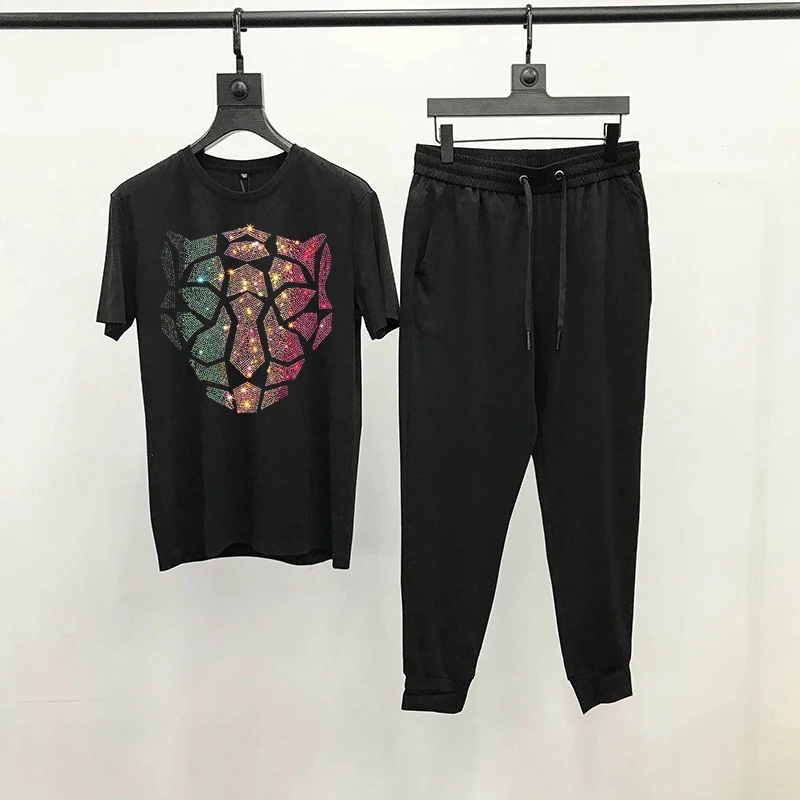 Summer Shiny Streetwear Cotton Sweatshirt Hot Diamond Craft T-Shirt And Pants/Comfortable Jogging Track Suit Loose Tops
