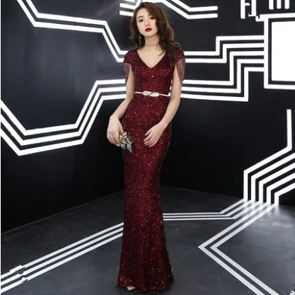 Vestido de festa, вечерние платья русалки, длинное платье, модное вечернее платье с v-образным вырезом и блестками, вечерние платья, Robe De Soiree - Цвет: Бургундия