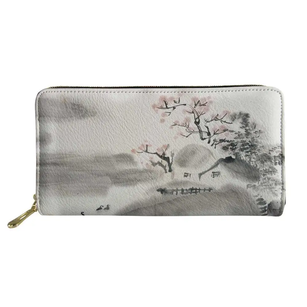 NOISYDESIGNS Женский Длинный кошелек в китайском стиле с изображением пейзажа и чернил на молнии для девушек, чехлы для монет и карт, сумки для хранения денег, кошелек на заказ