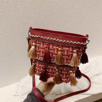 

LJL-Ethnic Style Red Tassels Versatile Shoulder Bag Messenger Bag Geometric Pattern Beach Bag