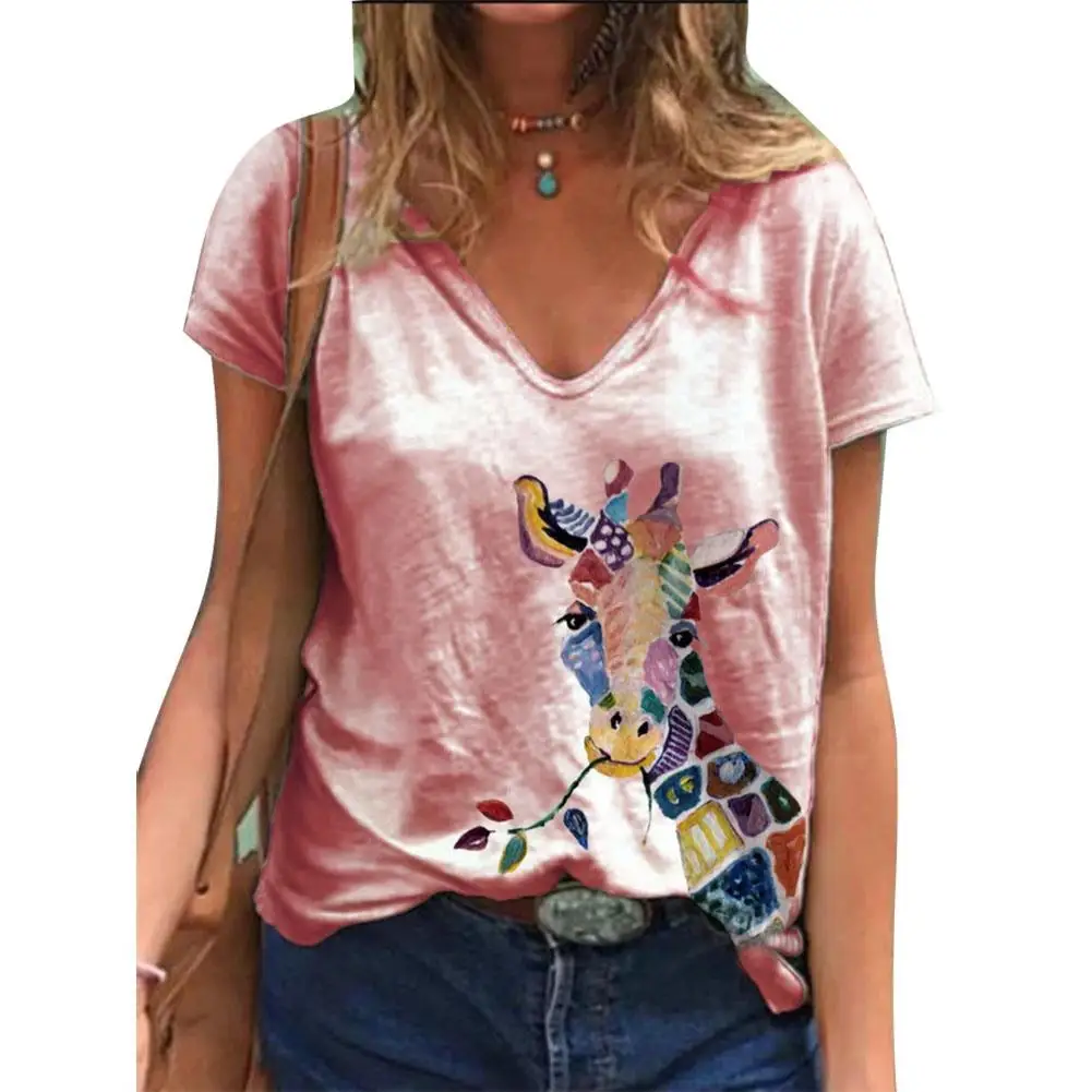 

woman tshirts Casual V Neck Short Sleeve Cartoon Giraffe Print Loose T-shirt Top