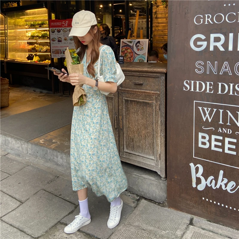 

Summer New Flower Women Print dress Short-Sleeve Chiffon Dress Female V-neck Party Holiday Dress Bohe Vestidos femme ka1012