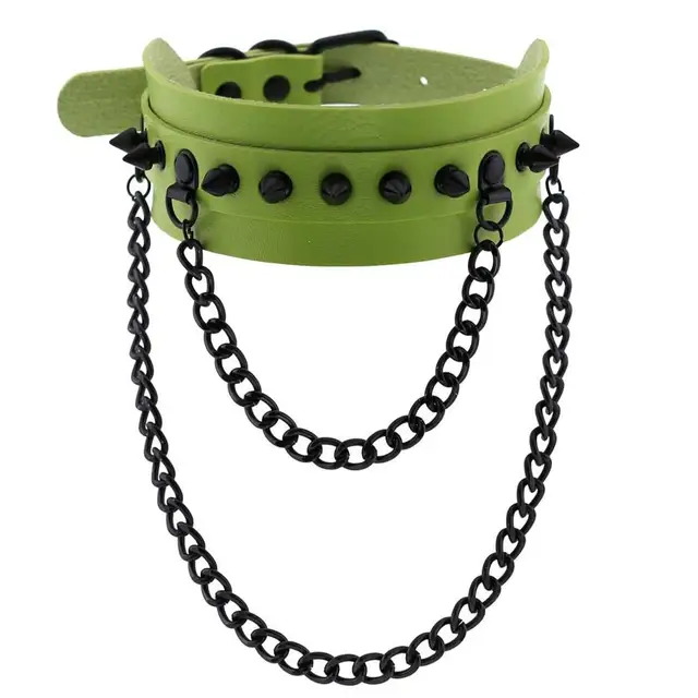 Gothic  Spike Choker Chain Collar Gothic Fashion Rivet black Leather Chokers Harajuku Grunge Goth necklace girls witch cosplay green