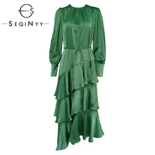 SEQINYY платье высокого качества, весна-осень, модный дизайн, длинные рукава, пуговицы, каскадные оборки, платье миди