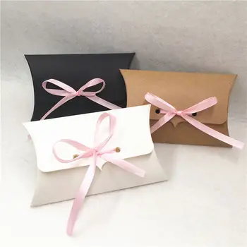 

30Pcs/Lot Cardboard Kraft Paper Pillow Boxes For Happy Birthday Dessert Biscuits Package Container Boxes With Ribbons Wholesale