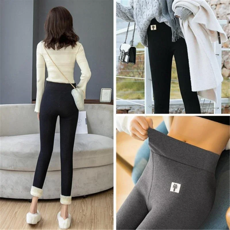 Леггинсы frauen Schwarz из хлопка с кроликами hosen зимние dünne дикен самт wolle флис grau Hosen