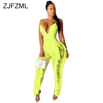 

Lace Patchwork Sexy Overall For Women Spaghetti Strap Cascading Ruffle Party Jumpsuit Autumn Backless See Through Bodycon Romper