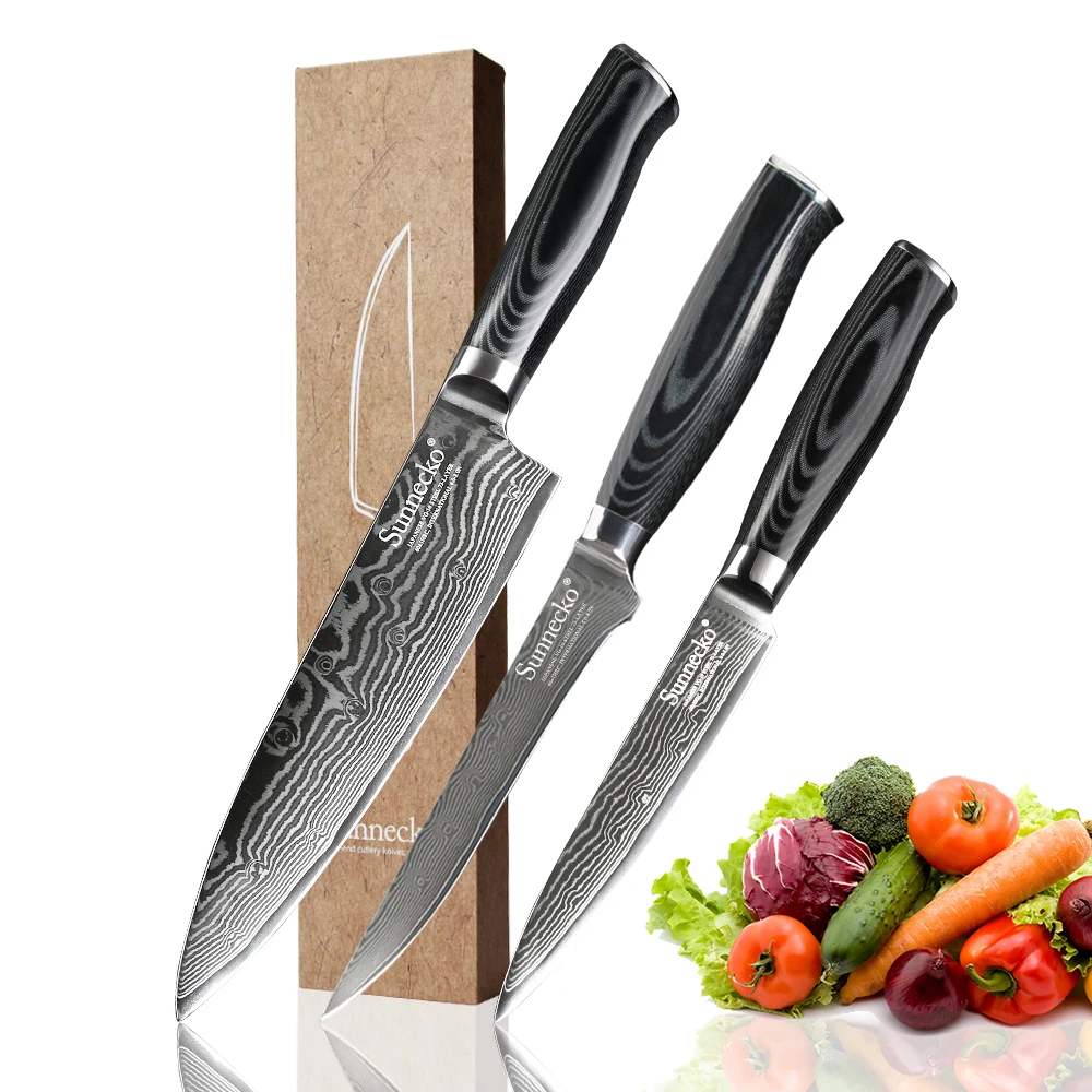 

SUNNECKO Premium Chef Knife Damascus Steel Sharp Utility Boning Knives Japanese VG10 Blade Micarta Handl 3PCS Kitchen Knives Set