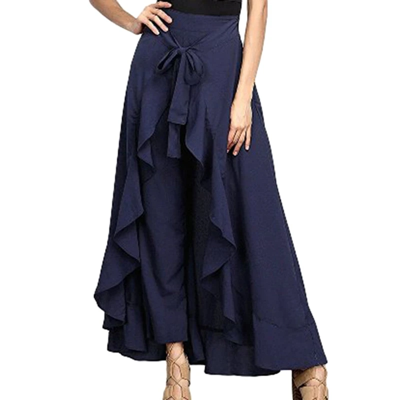 

Wrap Skirts Women Casual Fashion Navy Chiffon Tie-Waist Ruffle Wide Leg Loose Pants x