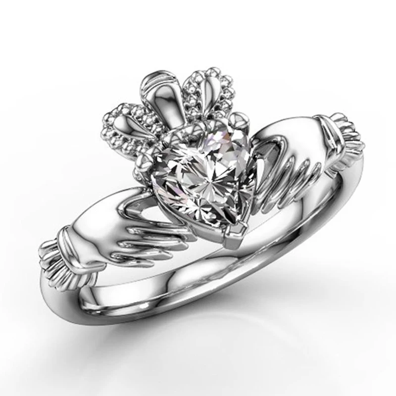 Милый Романтический белый Claddagh кольцо серебряного цвета Кристальный, сердце, кольцо винтажные Свадебные обручальные кольца для женщин