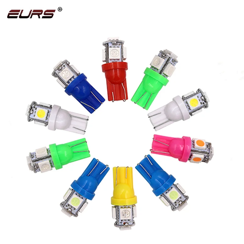 EURS 100 шт. Автомобильный светодиодный светильник T10 W5W 5050 5SMD белый красный синий клиновидный светильник 168 194 192 лампы для номерного знака габаритный светильник для чтения купольная лампа